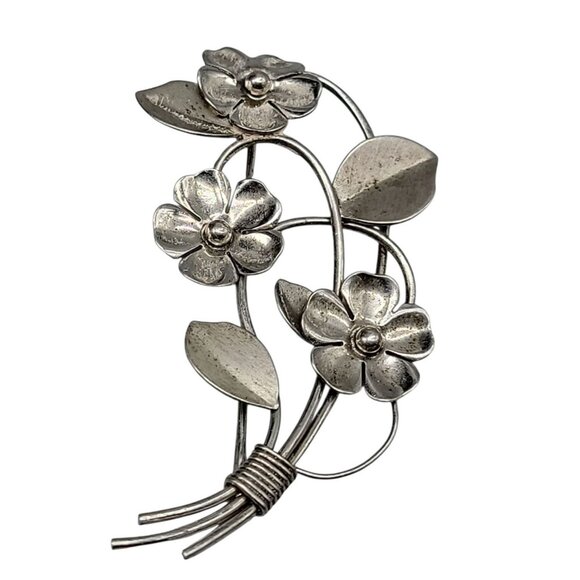Vintage Sterling Silver Floral Brooch Pin W/ Three Blooming Flowers & Leaves 925 - Picture 1 of 6